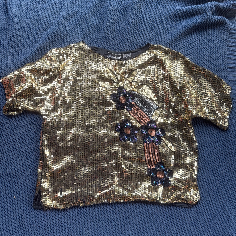 Jewel Queen 100% Silk Top Gold Blue Black Sequin Size L Wedding Party Vintage 80